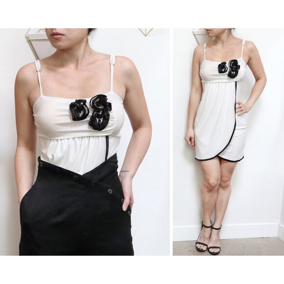 Vintage Y2K Asymmetric Black & White Babydoll Dress Rosette Cluster, XS Romantic - Picture 1 of 8